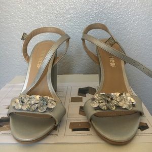 Silver, flower sequences high heels.